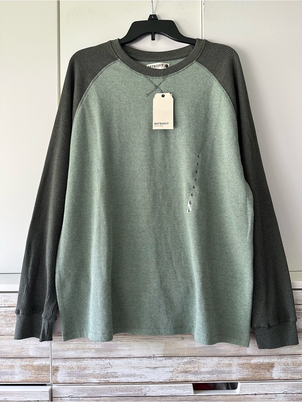 Retrofit Boxy Fit Thermal Waffle Knit Pullover Green Gray Large NWT